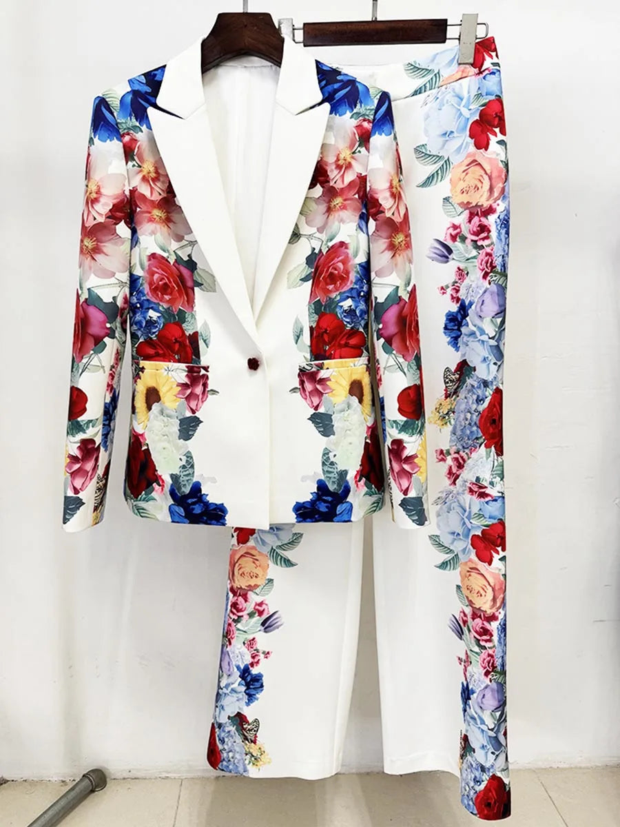Maxy Formal Printing Two Piece Set for Women Lapel Long Sleeve Spliced Chic Botton Blazer High Waist Pant Suit Female Clothing