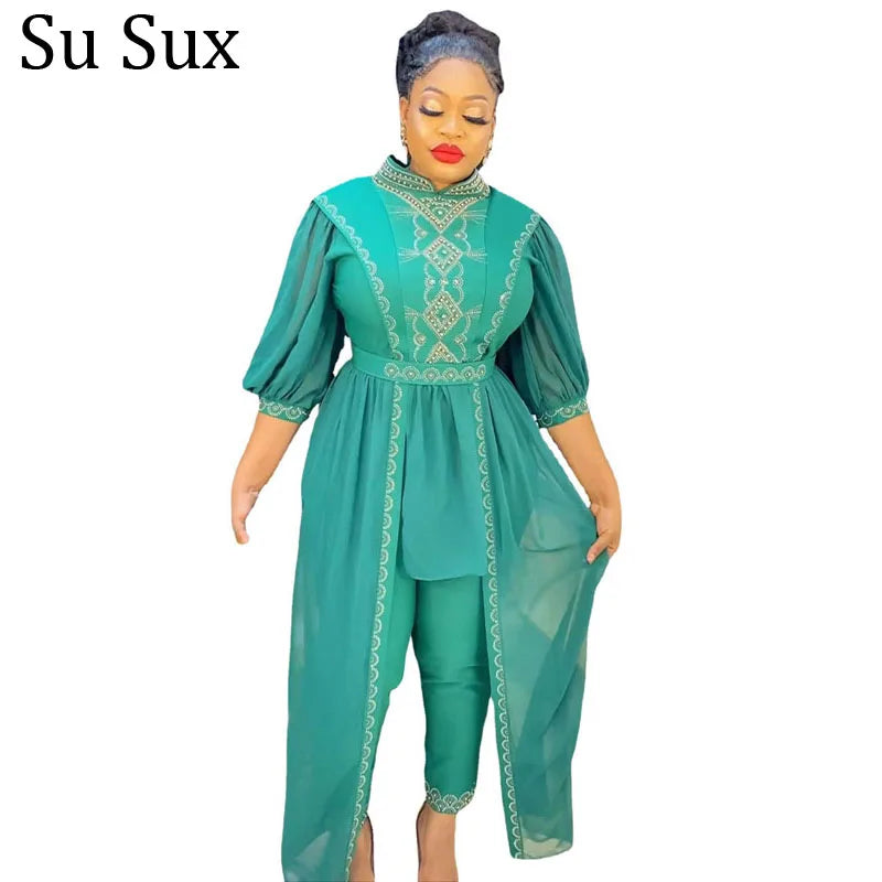 Women 2 Two Piece Set African Dashiki 2022 Fashion Chiffon Pant Suits Tracksuit Sequins Stand Collar Long Shirt Top Outfits Femm