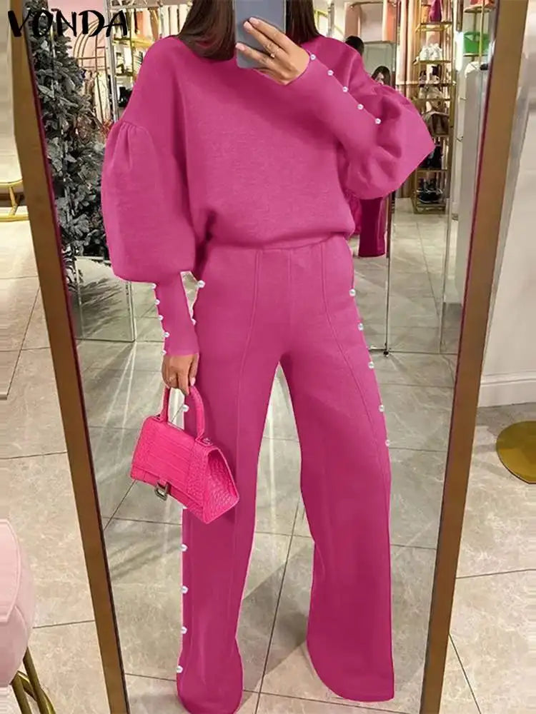 Maxy Plus Size Pant Sets Autumn Women O-neck Long Lantern Sleeve Tops Loose Trousers Causal Solid Suits American Style