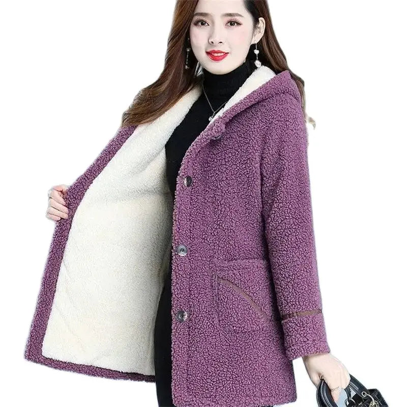 Maxy Mother Winter Warm Coat New Fashion Middle-Aged Women's Autumn Thick Velvet Jacket Thick Hooded Padded Jacket Female Button