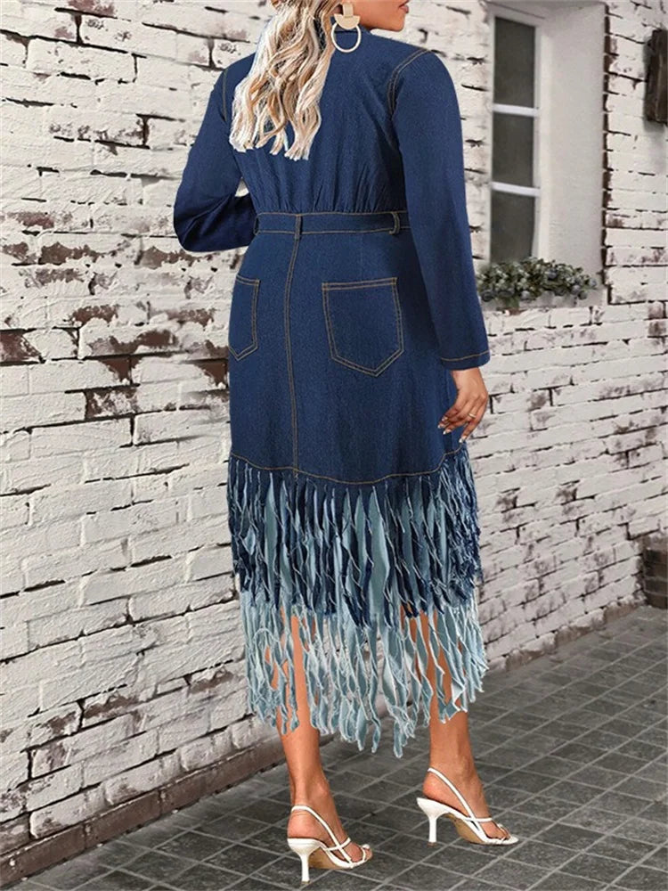 Wmstar Plus Size Denim Dresses Women Long Sleeve Button Pockets Pathwork Tassel Maxi Dress Fall Clothes Wholesale Dropshipping