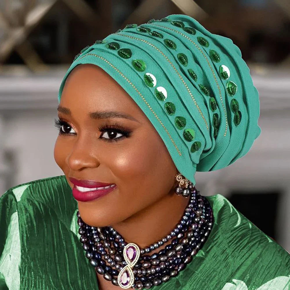 Maxy New Diamonds Turban Cap for Women Muslim Hijab Bonnet Headscarf Nigeria Geles Wedding Hat African Auto Gele Head ties Head Wrap