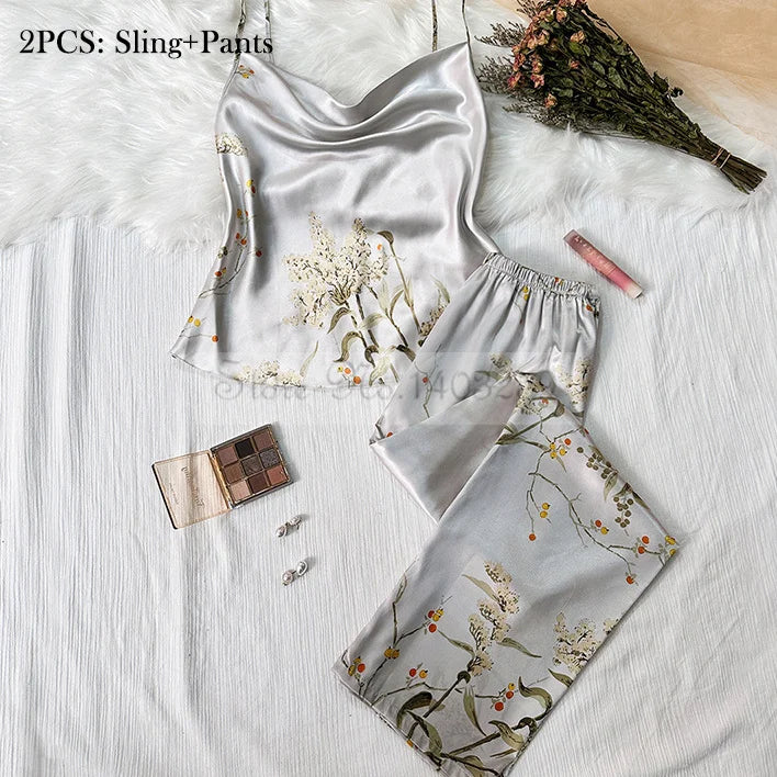 Max Four Pieces Pajamas Set Printed Little Cherry Sleepwear Women Satin Nightgown With Suspender Sling Shorts Summer Home Clothes