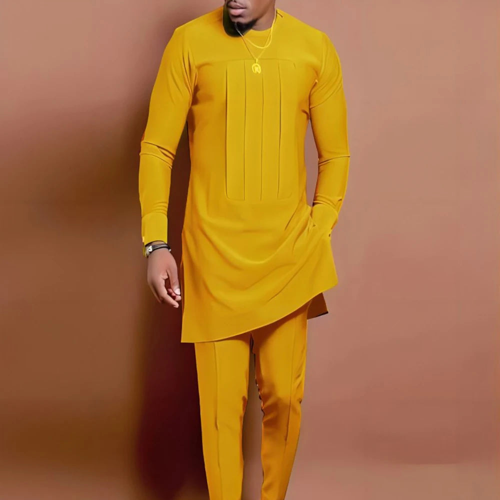 Amay Men Two Piece Outfit Set Long Sleeve Solid Color Panel Top and Pants Festival Party Set Ethnic Style Men's Suit