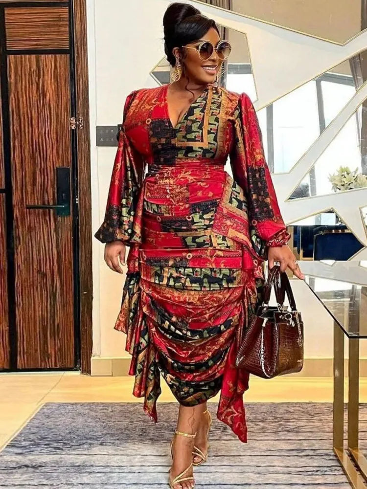 Maxy Dresses for Women Summer Autumn Africa Clothing Long Sleeve Ruched Dress Sexy V-Neck Slim Dress Office Lady Party