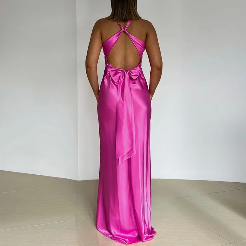 Maxy Elegant Sleeveless High Waist Summer Dress Satin Slim Solid Color Women's Long Dresses New Backless Bow Tie Up Party Dress