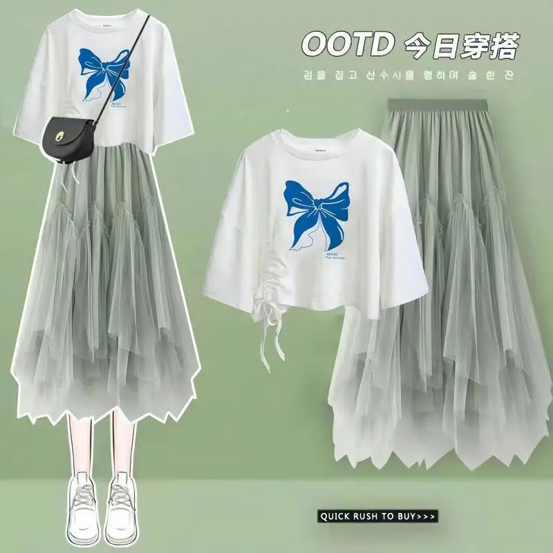 Maxy Summer New Korean Elegant Cute Short Sleeved T-shirt+Mesh Midi Skirt Two Piece Suit Women's Loose Top Dress Matching Set