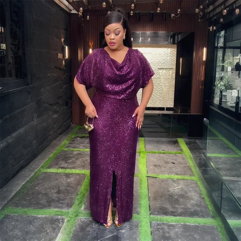 Maxy Plus Size L-3XL Fashion Evening Party Maxy Long Dresses African Glitter Large Size V Neck Women's Dress