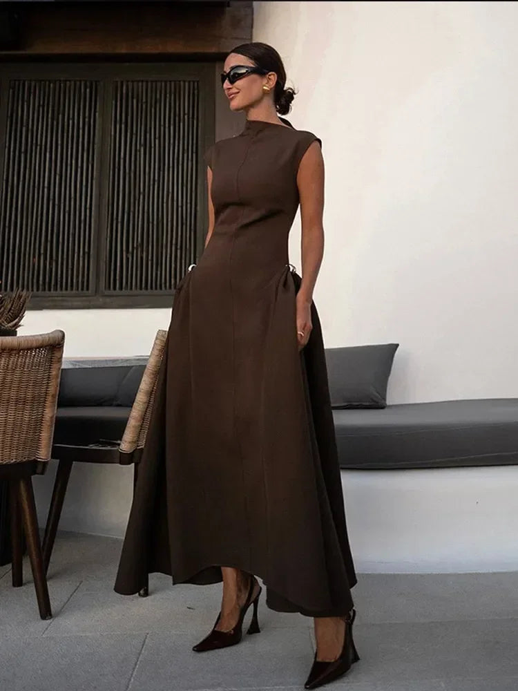 Amay Women Elegant Brown Irregular Collar High Waist Long Dress Fashion Sleeveless Retract Waist A-line Dresses Lady New Party Robe