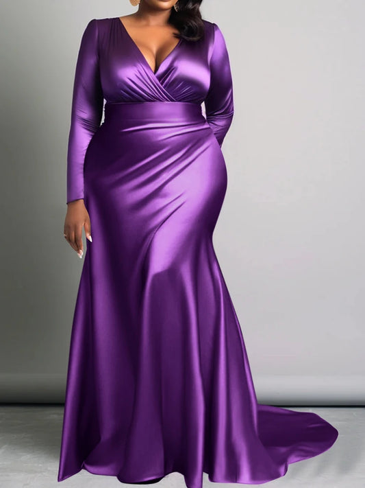 Maxy Women's Plus Size Dress Sexy V-neck Long Sleeve Rushed Satin Evening Party Cocktail Satin Maxy Dress Wedding Guest Dress