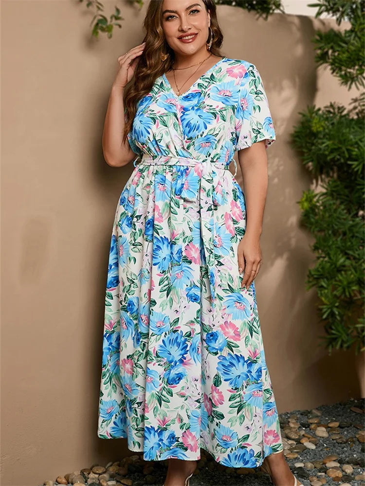 Wmstar Plus Size Dresses for Women Short Sleeve Flower Printed V Neck Loose  Maxi Dress with Bandage Wholesale Dropshipping 2023