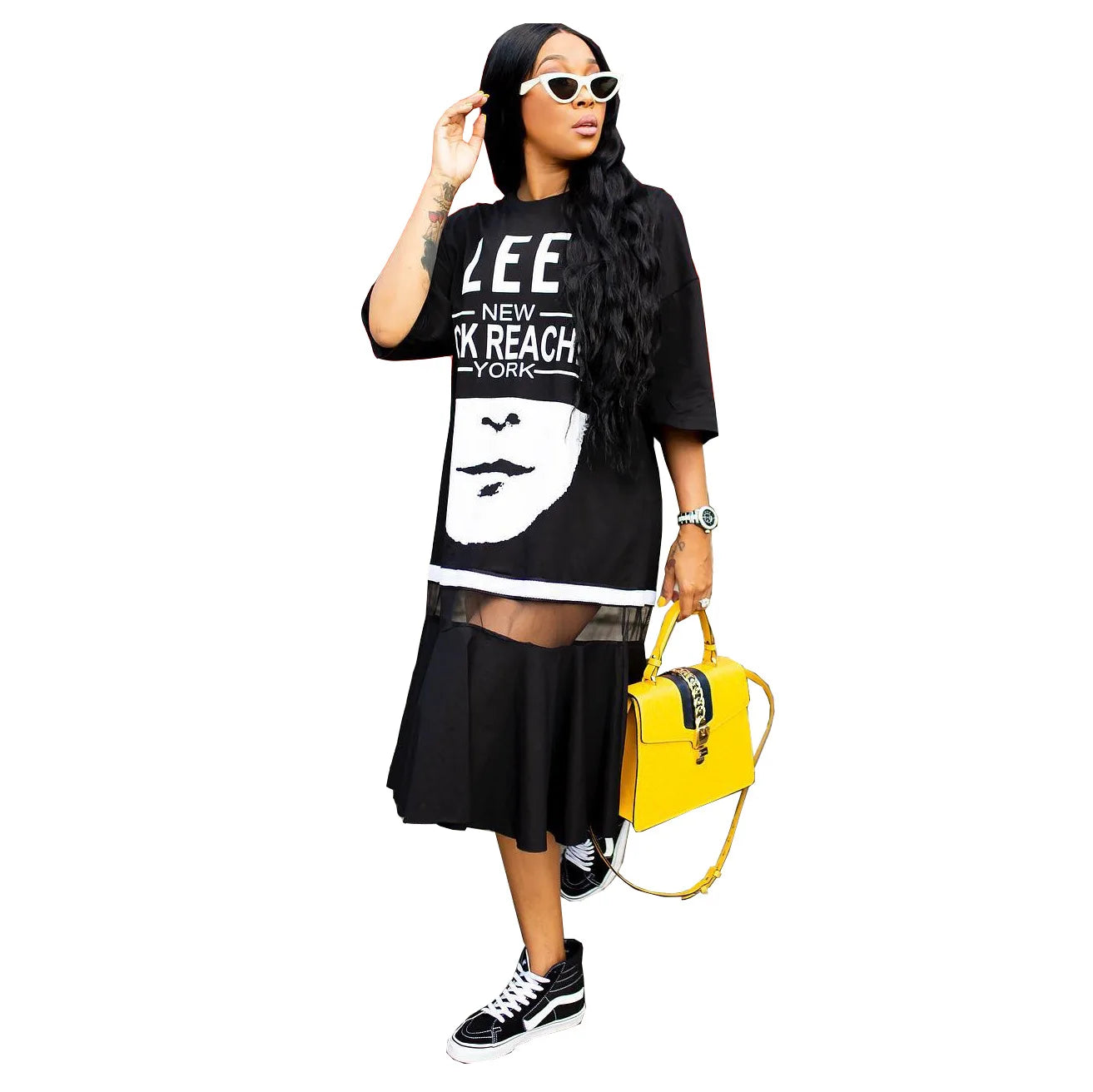 Maxy 4XL Big Size Women's Clothing Hip Hop T-shirt Dress Harajuku Rock Long Tee New Loose Tops Dance Colour Block Streetwear