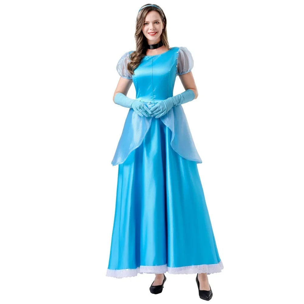 Women Medieval Cinderella Princess Dress Fancy Blue Fairy Tail Costume Adult Halloween Party Ball Gown School Performance Outfit