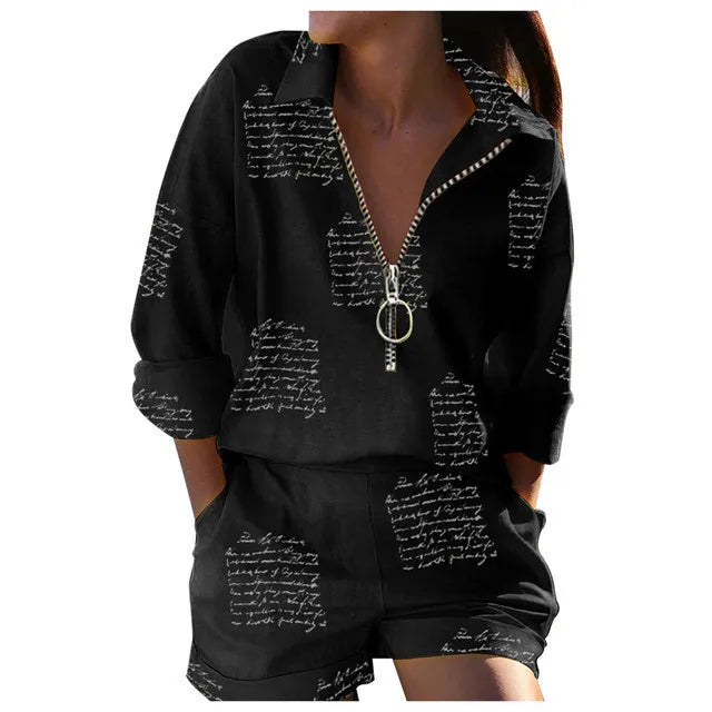 Summer Women's Letter Print Shirts Two Piece Sets Casual Turn-down Neck Long Sleeve Zipper Blouses Shorts Suits Loose Streetwear