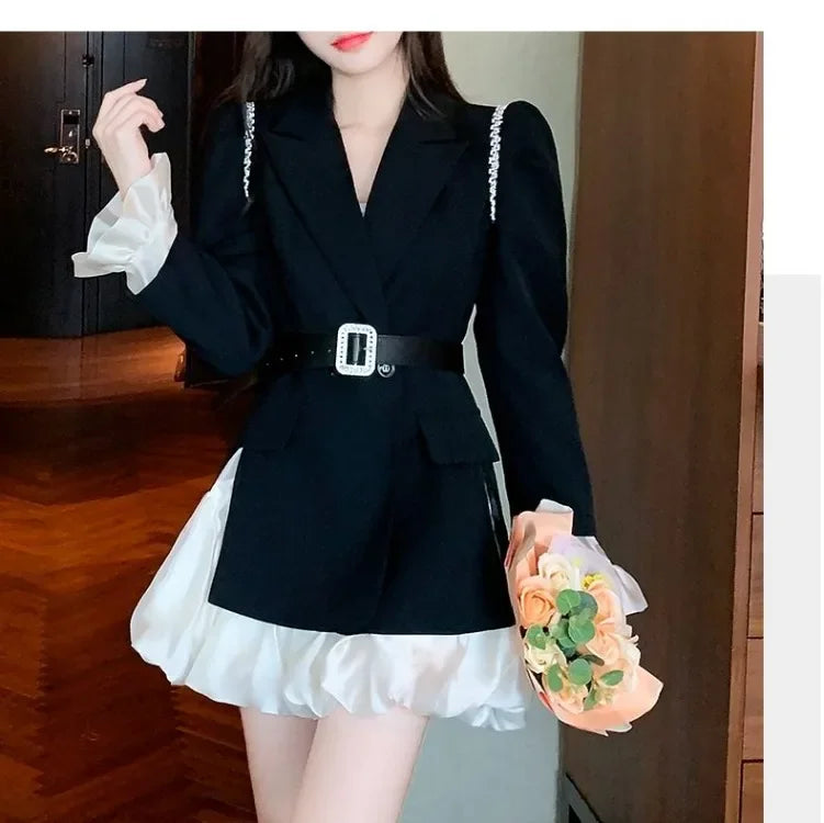 Maxy Elegant Vintage Diamond Slim Fit Long Sleeve Black Coat Women+ High Waist Patchwork Skirts Early Autum New Two Piece Sets