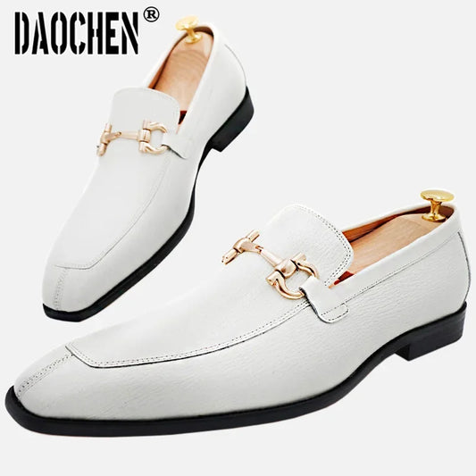 Maxy Luxury Men Leather Shoes Black White Horsebit Loafers Slip on Formal Men Dress Shoes Wedding Office Casual Shoes For Men