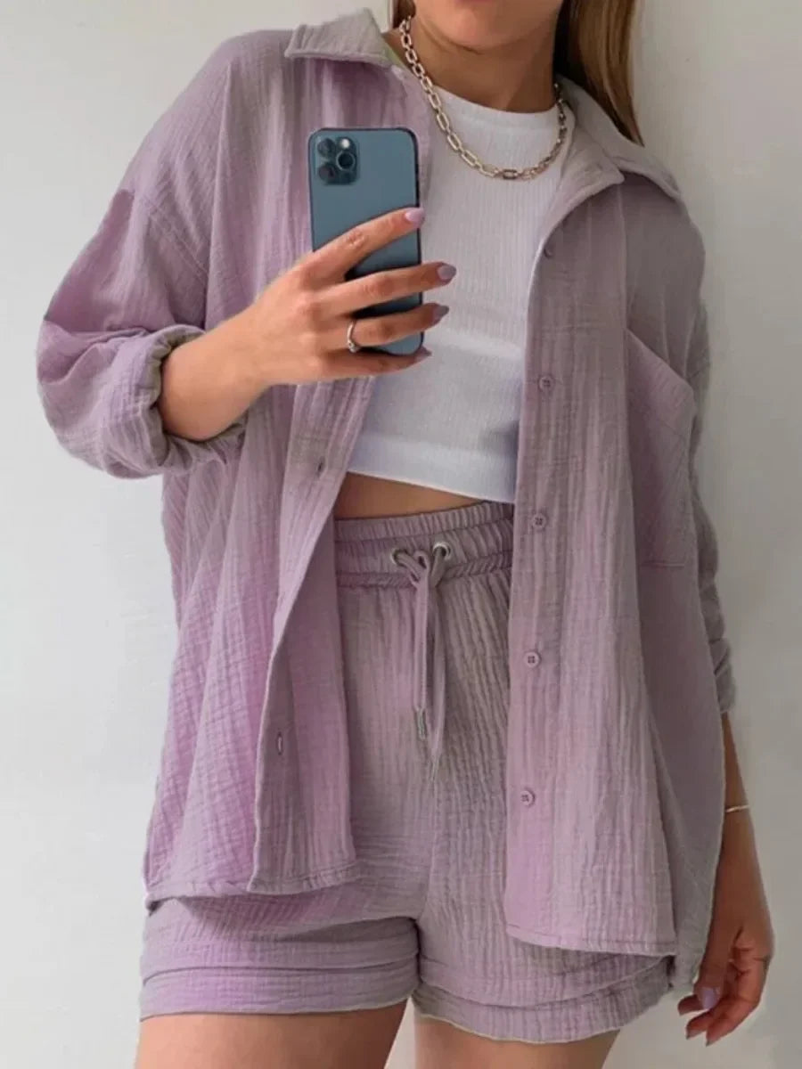 Maxy Summer Women's Suit Short Sets Outfits Muslin Suit For Women Two Piece Female Clothing Solid Button Outfits