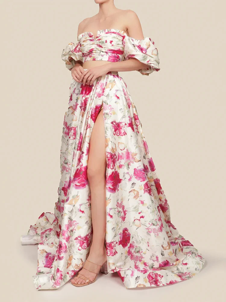 Maxy Elegant Print Two Piece Set for Women Square Collar Puff Sleeve Short Tops High Waist Long Skirts Evening Sets Female New