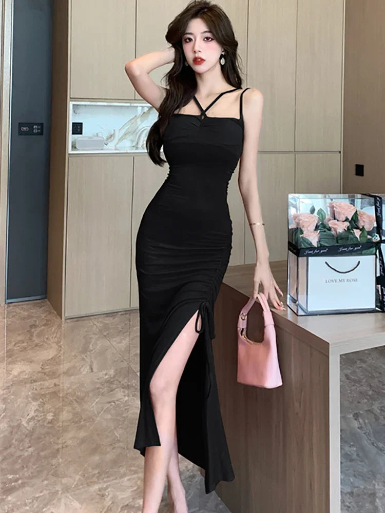 Maxy Women Fashion Chic Sling Sexy Dress Summer Korean Luxury Eveing Dress New Rose Red Elegant Bodycon Bandage Slit Long Dress