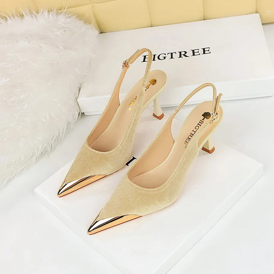 Women 7cm High Heels Green Burgundy Slingback Strap Pumps Lady Metal Toe Velvet Kitten Low Heels Nightclub Evening Party Shoes