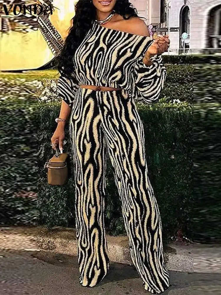 Maxy Plus Size Pant Sets Autumn Zebra-stripe Bohemian Printed 2PCS Long Sleeve Skew Collar Top and High Waist Pants Casual Sets