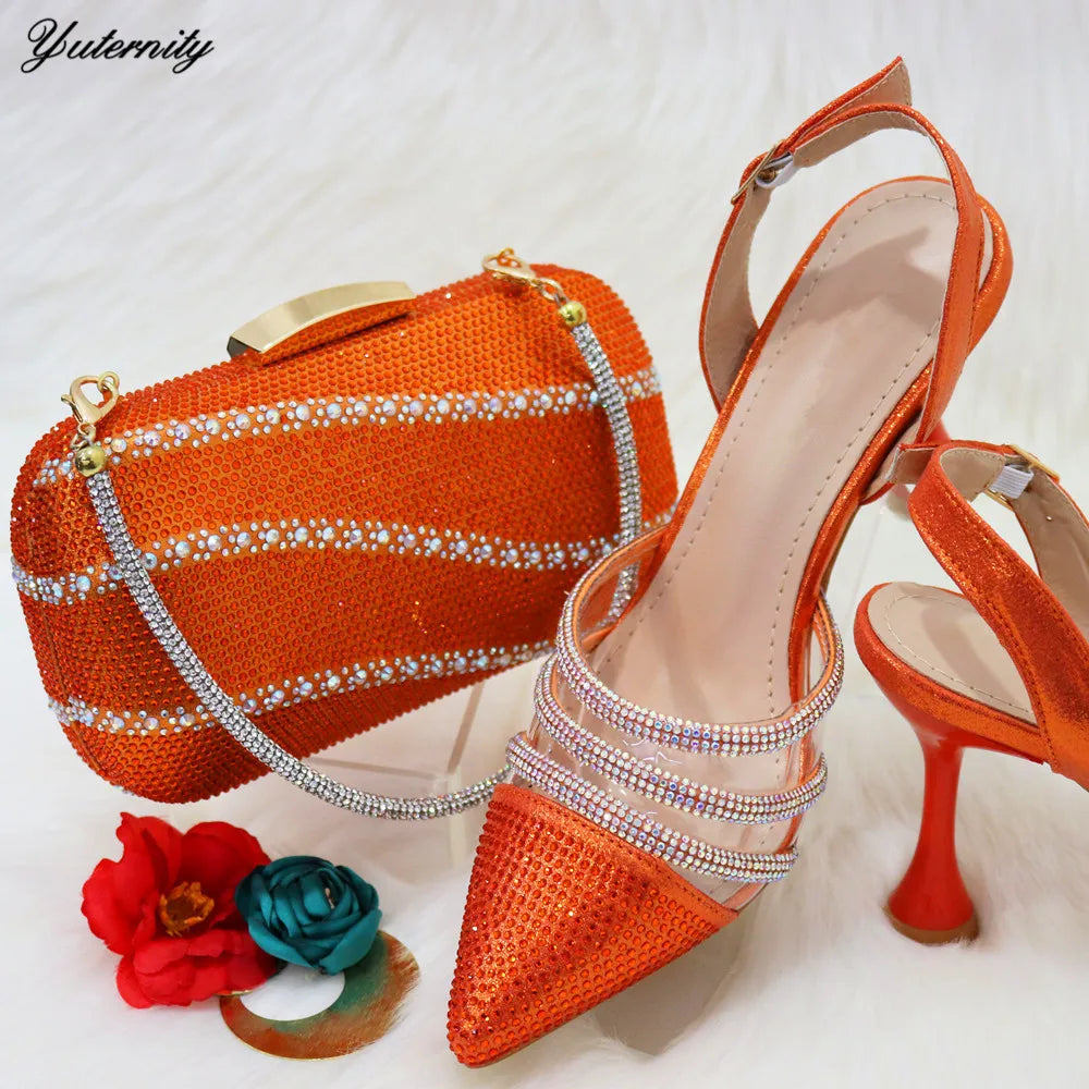 Maxy Summer Elegant Ladies Sandals Shoes and Bag Set Italian Rhinestone High Heels Shoes with Bags Nigerian Women Party Shoes