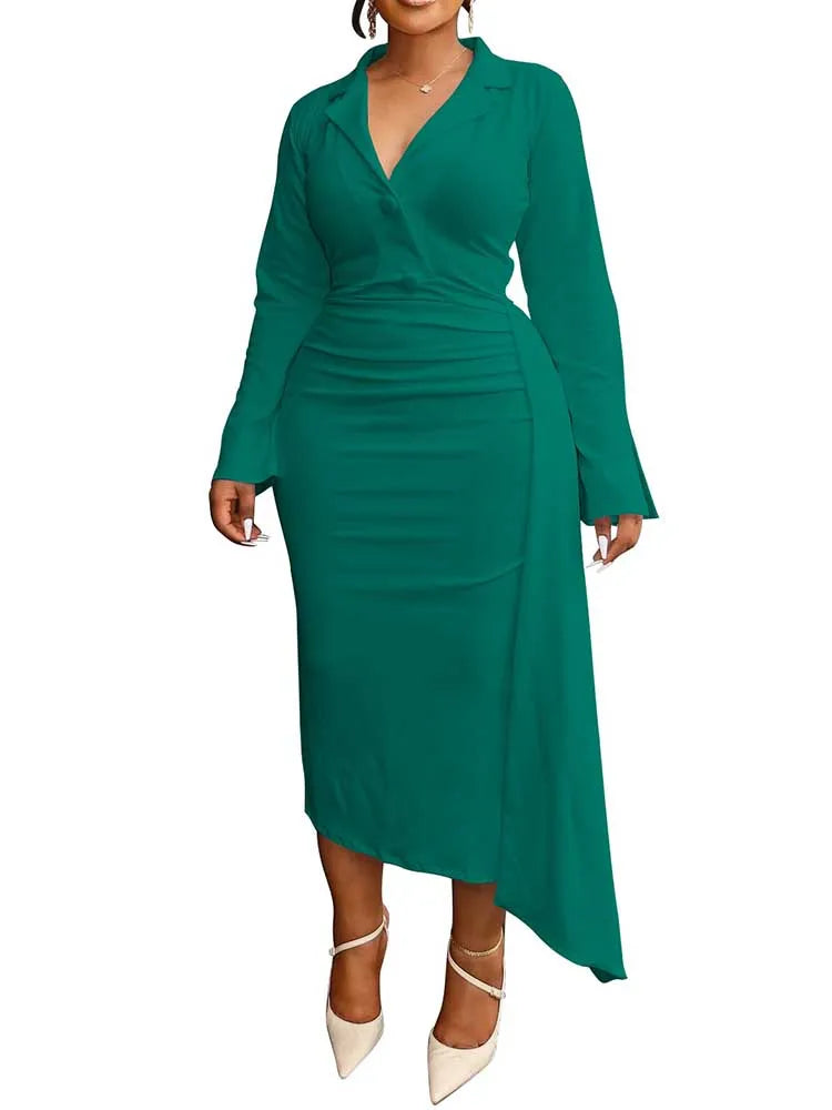 Maxy Plus Size Chubby Dress Curvy Women Solid Color Luxurious Slimming Evening Dresses V Neck Blazer Collar Long Sleeve Elegant Dress