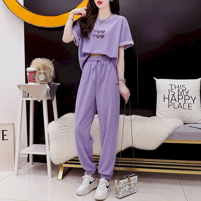 Maxy Oversized Pants Sets Women's Tracksuit Korean Fashion New O Neck T-shirt and Sweatpants Sporty Casual Two Piece Sets for Women