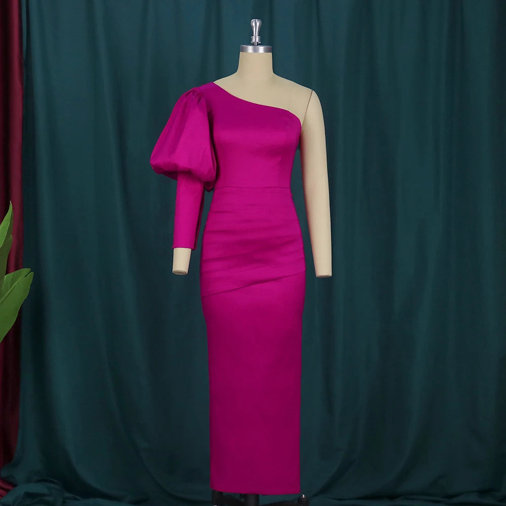 One Shoulder Party Dress for Women Fuchsia Irregular Bodycon Package Hip Evening Birthday Event Midi Gowns Outfits Large Size