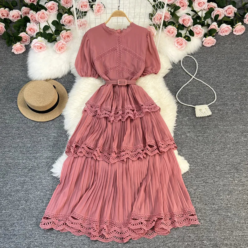 Maxy French dress Summer new high-waisted slimming bubble sleeve chiffon patchwork lace cake dress