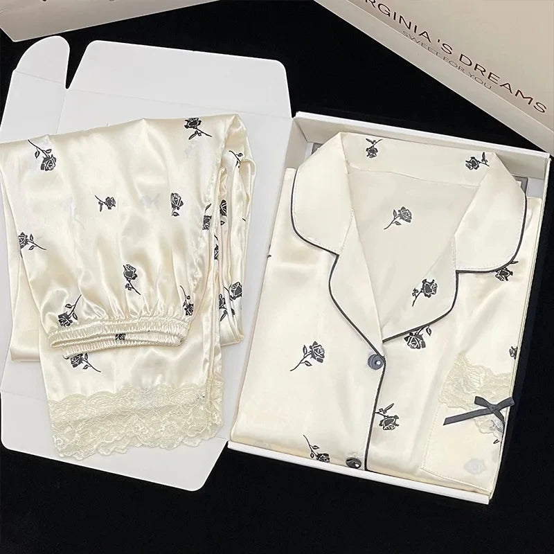 Maxy High Quality Light Luxury Ice Silk Pajamas Women's Pajama Spring and Autumn Style Long Sleeve Home Set Nightwear Sleepwear