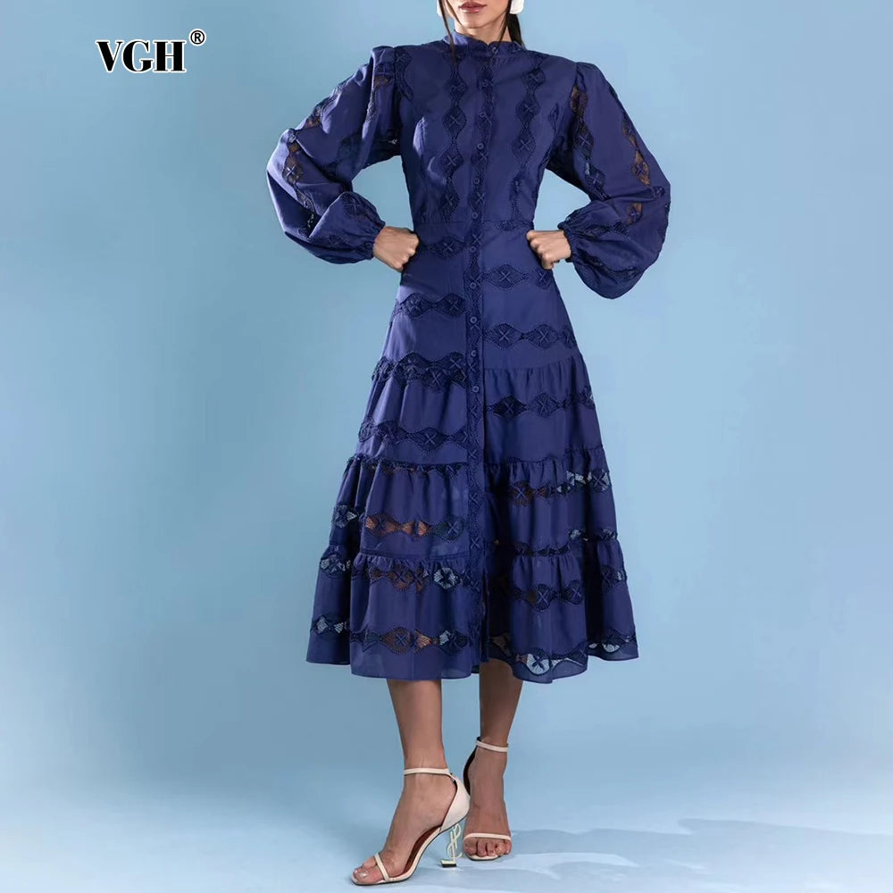 Maxy Solid Hollow Out Slimming Long Dressess For Women Stand Collar Lantern Sleeve High Waist Temperament A Line Dress Female New
