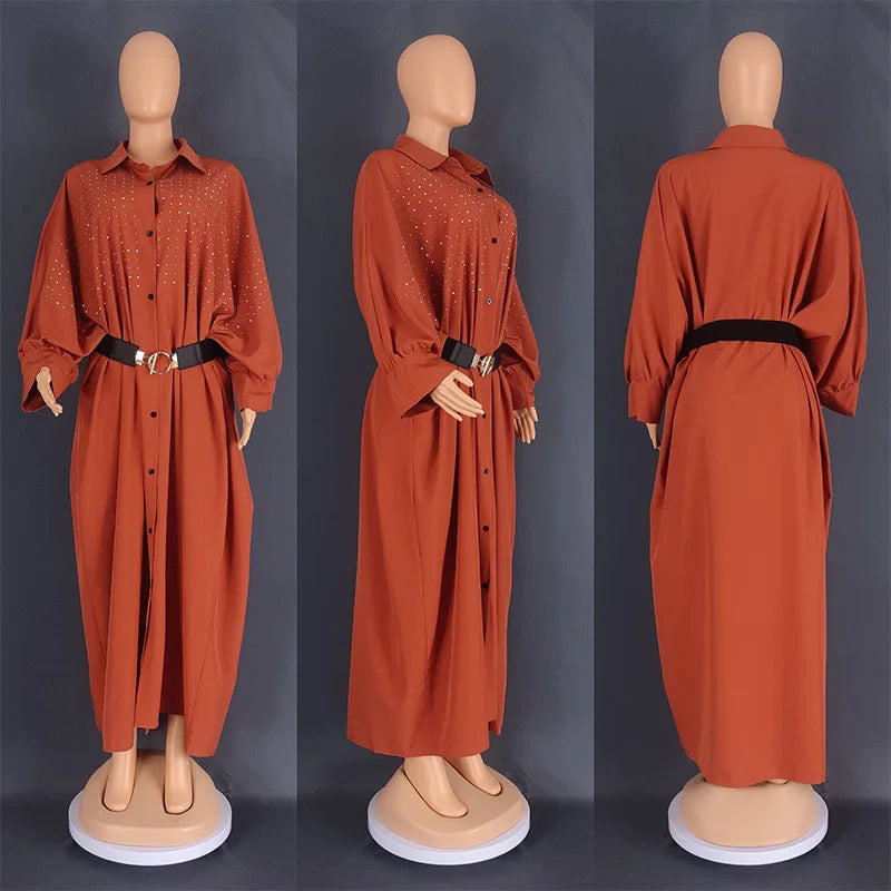 Amay Dress Women's Long Shirt Loose Robe Casual Nigeria Africa Clothes Hot Diamond Muslim Maxy Long Sleeve Dress Abaya Femme