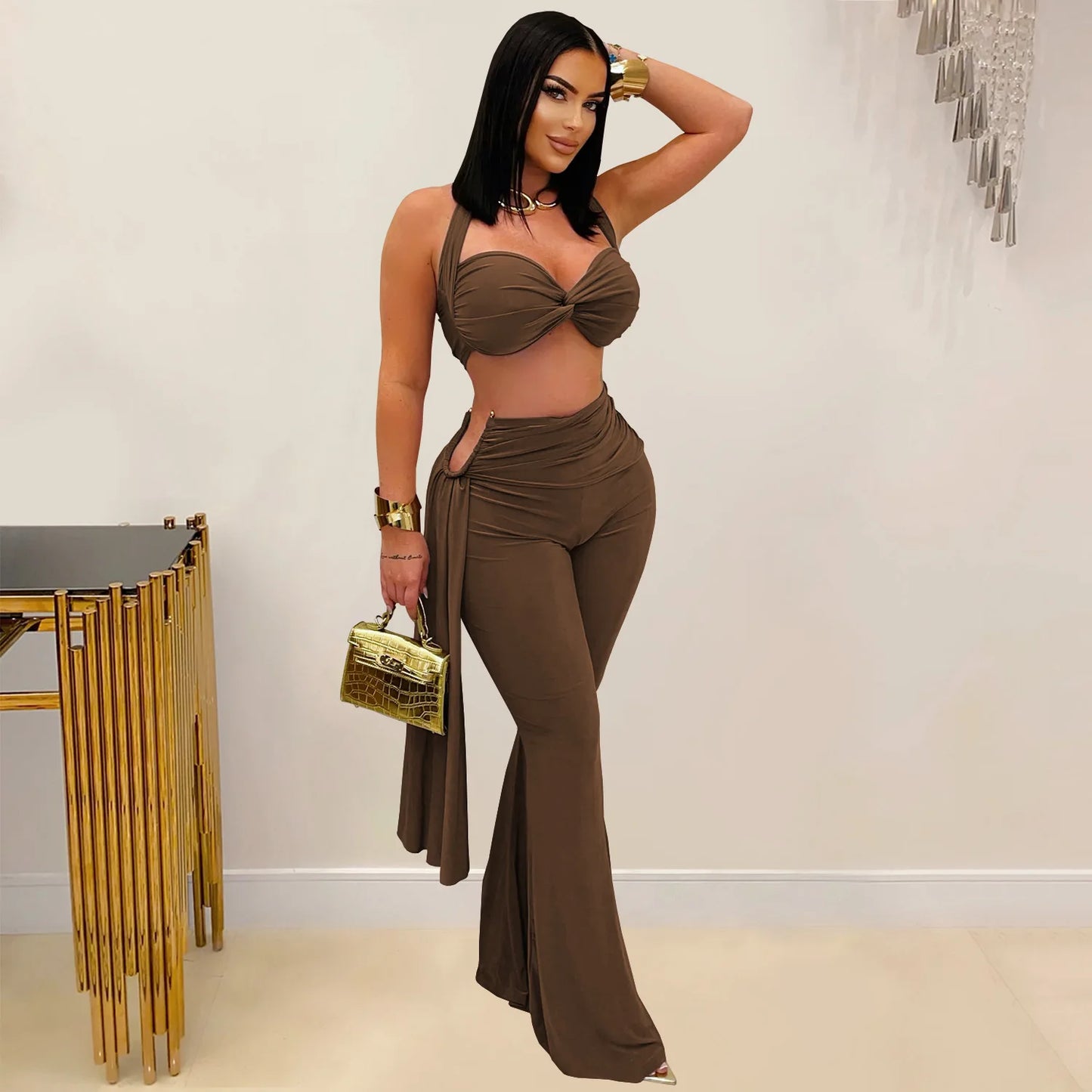 Maxy Sexy Halter Bikini Tops 2 Piece Pant Set Outfits Y2K Streetwear Women Flare Pants Tracksuit Elegant Bandage Tops Two Piece Sets