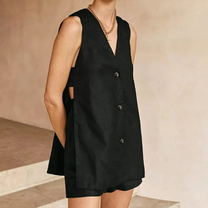 Maxy New 100% Cotton Women Suits 2 Pieces Sets V Neck Sleeveless Buttons Vest Blazer+High Waist Shorts Lady Office Tracksuit