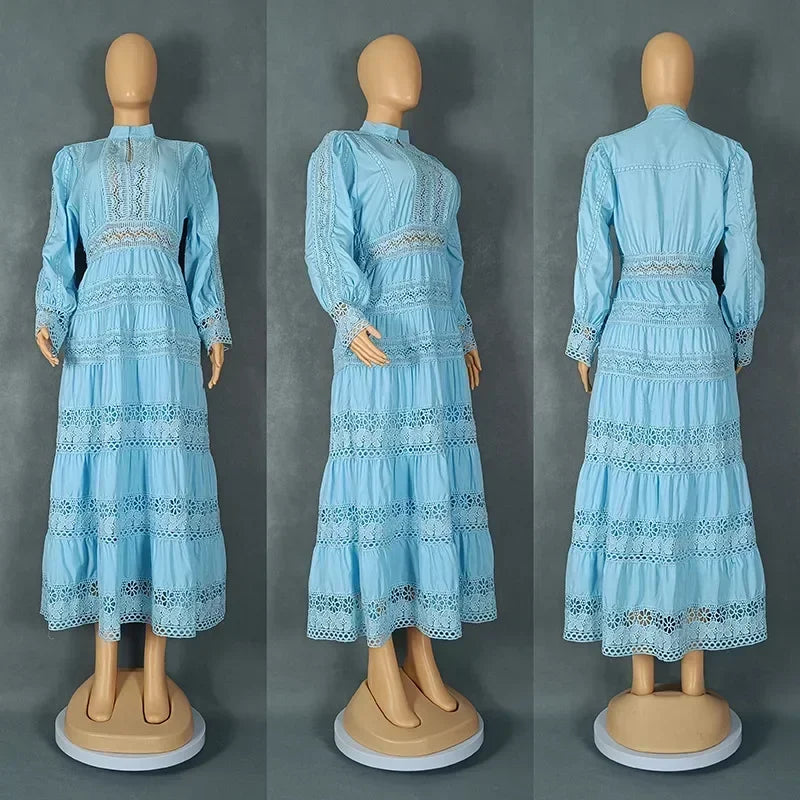 Amay Elegant Dress Women for Wedding Party Spring Autumn African Long Sleeve Polyester Lace Long Dress Dashiki African Clothes