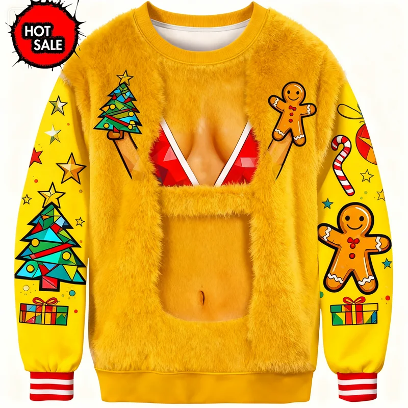 Maxy New 3D Printing Gingerbread Man Happy New Year Round Neck Hoodie Pullover Fashion Ugly Christmas Sweater Sweatshirt Men Tops
