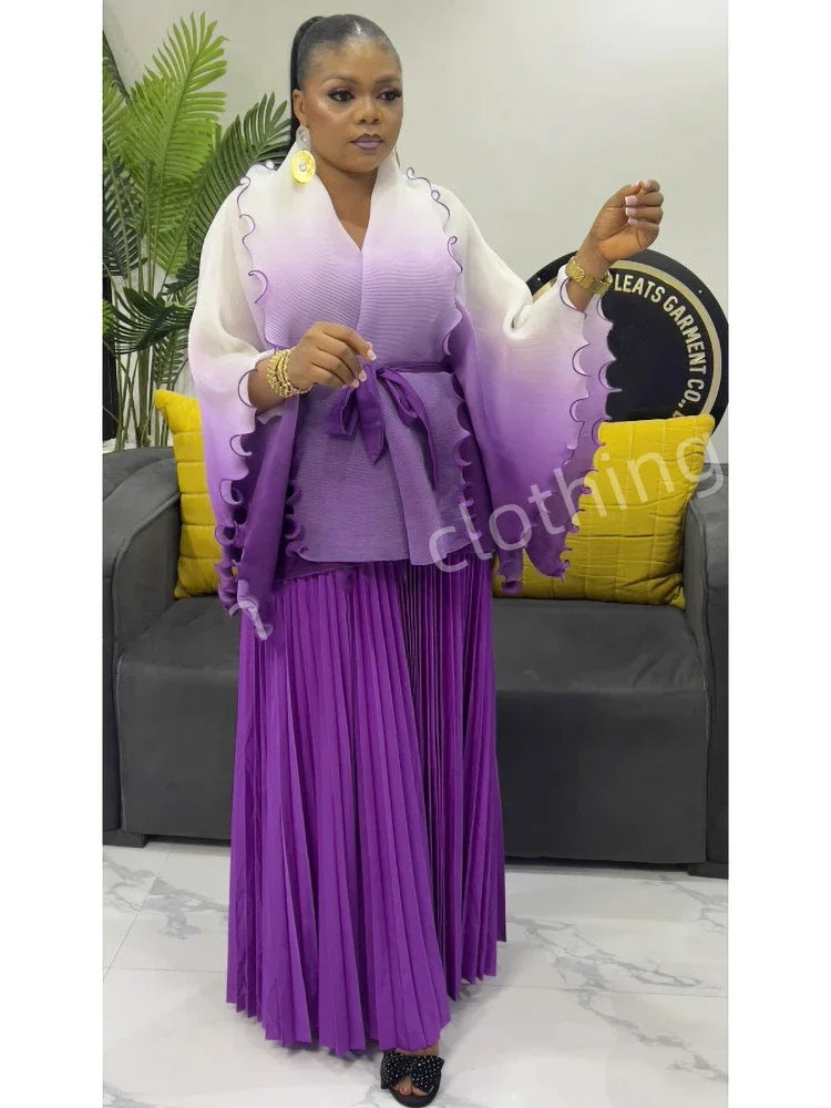 Amay Gradient Pleated Fashion 2 Piece Sets Belt Waist Batwing Sleeves Ruffles Tops A-line Long Dresses Elegant Party Set 32R1391