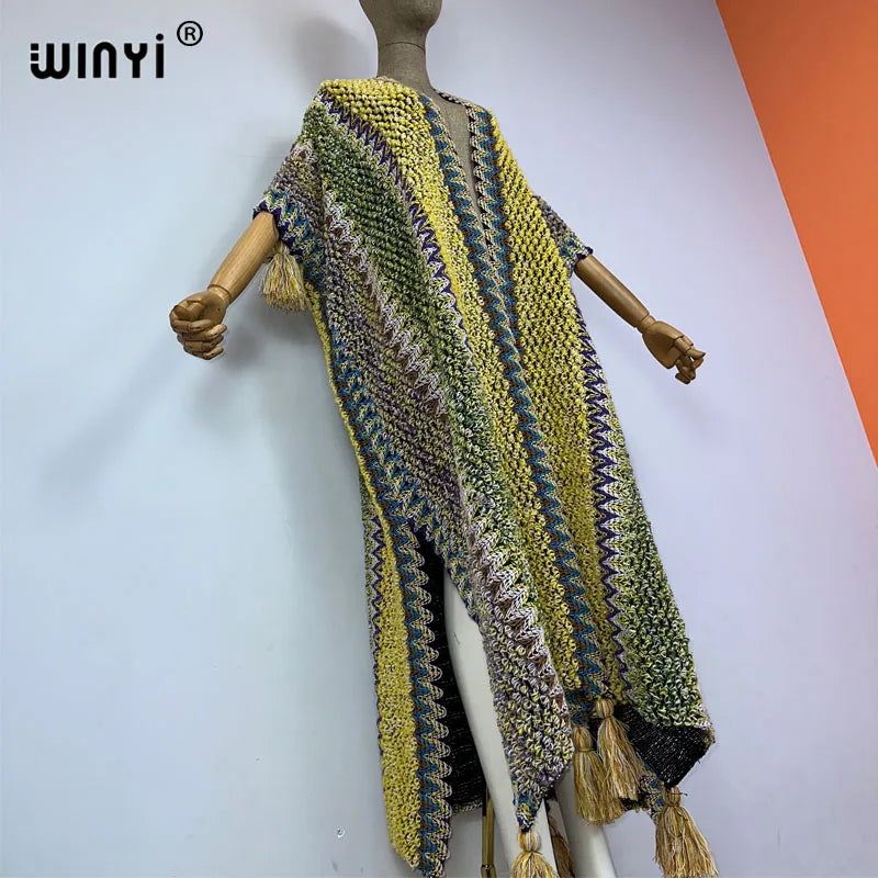 WINYI woman Winter tassel Knitted cardigan print coat Loose Christmas Africa Fashion hipster party dress Thick Warm Female cloke