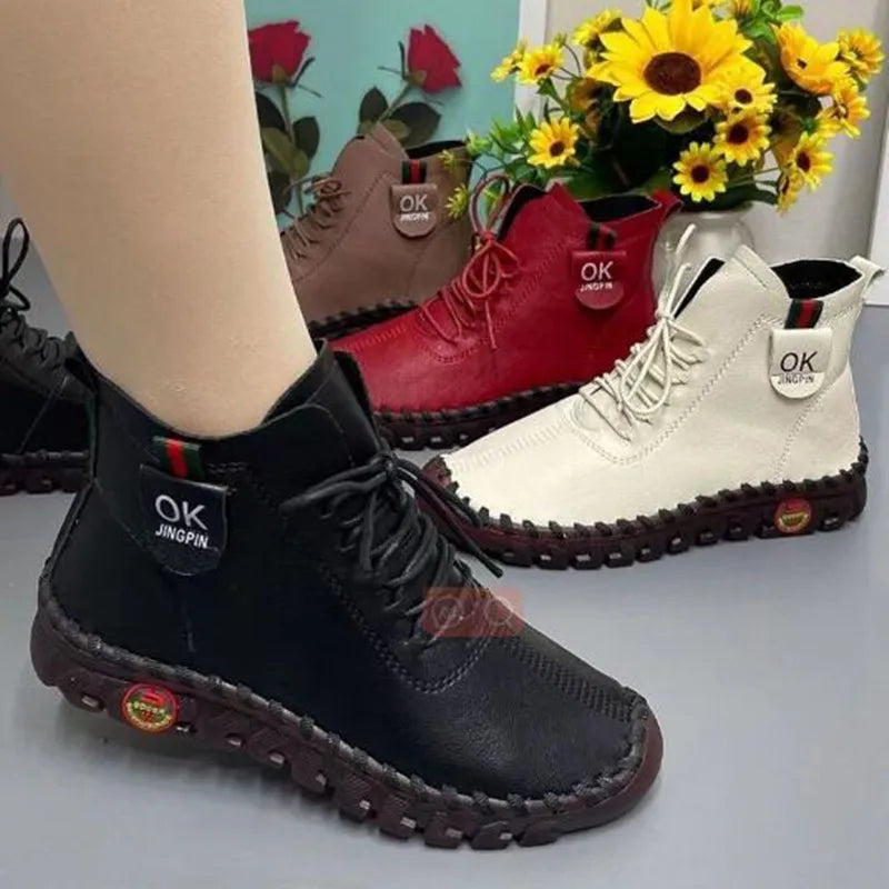 Maxy NEW Women Shoes Autumn Loafers Lace Up Sneakers Casual Flats Solid Soft Bottom Boots Leather High-Top Sneaker Female Shoes