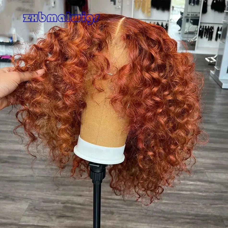Amay QW  Soft 26Inch Long Ginger Copper Red Curly Glueless Synthetic Hair Lace Frontal Wig For Black Women Preplucked Daily Party