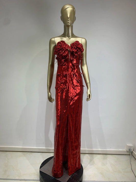 Maxy Celebrity Luxury Designer Party Dress 2024 Women Red Strapless Flowers Bustier Split Maxy Long Sequins Glitter Evening Gowns