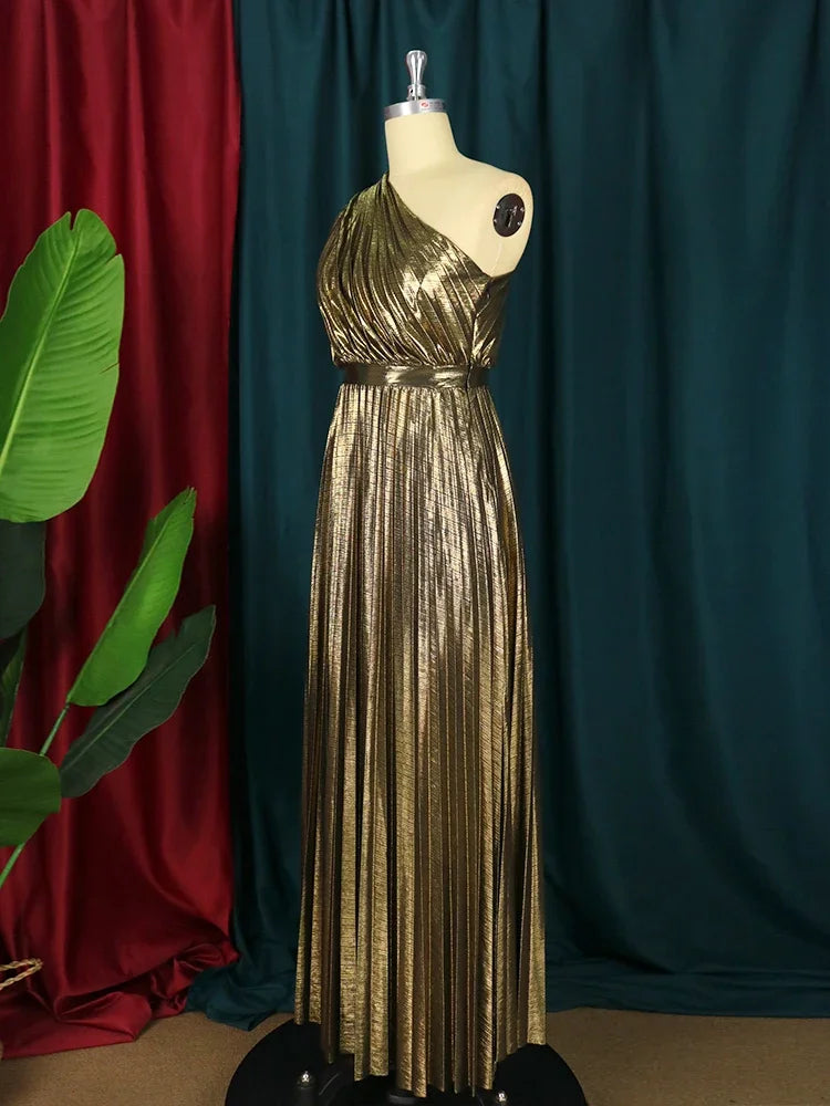 Amay Women Even Dresses Luxury Maxi Long Metallic Pleated Dress One Shoulder Sleeveless Premium Shiny Shimmer Gowns Big Size
