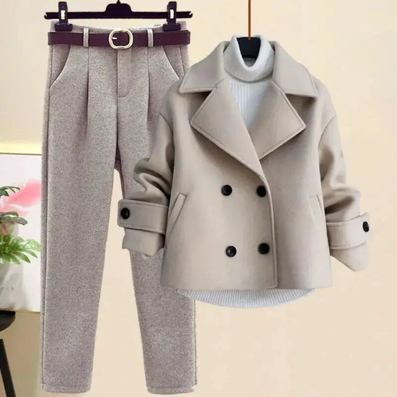 Maxy 2024 Autumn Winter Wool Suit  Jacket Long Sleeve Knitted Sweater Casual Trousers Three Piece Set Elegant Women's Pant Set