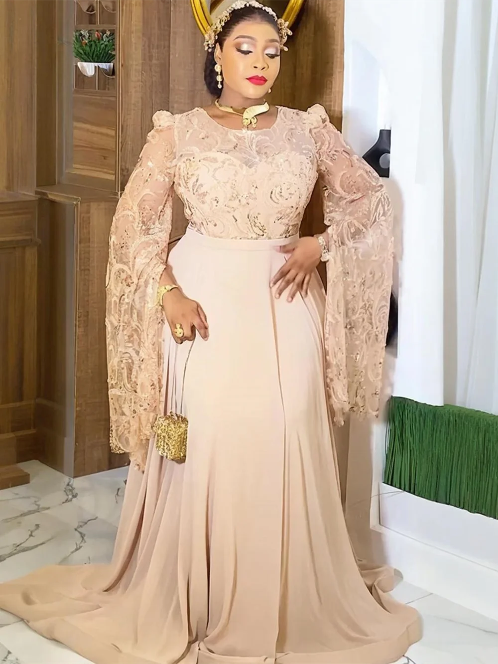 Maxy Plus Size African Wedding Party Dresses for Women Dashiki Sequin Long Sleeve Evening Gown Elegant Turkey Muslim Maxy Dress