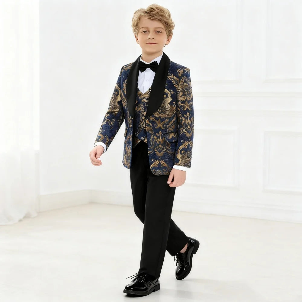Visco Handsome Boys' Evening Dresses, Boys' Costume Suit, Children's Wedding Suit For Boys, Navy Blue Floral Blazer, Kids' Prom Suits