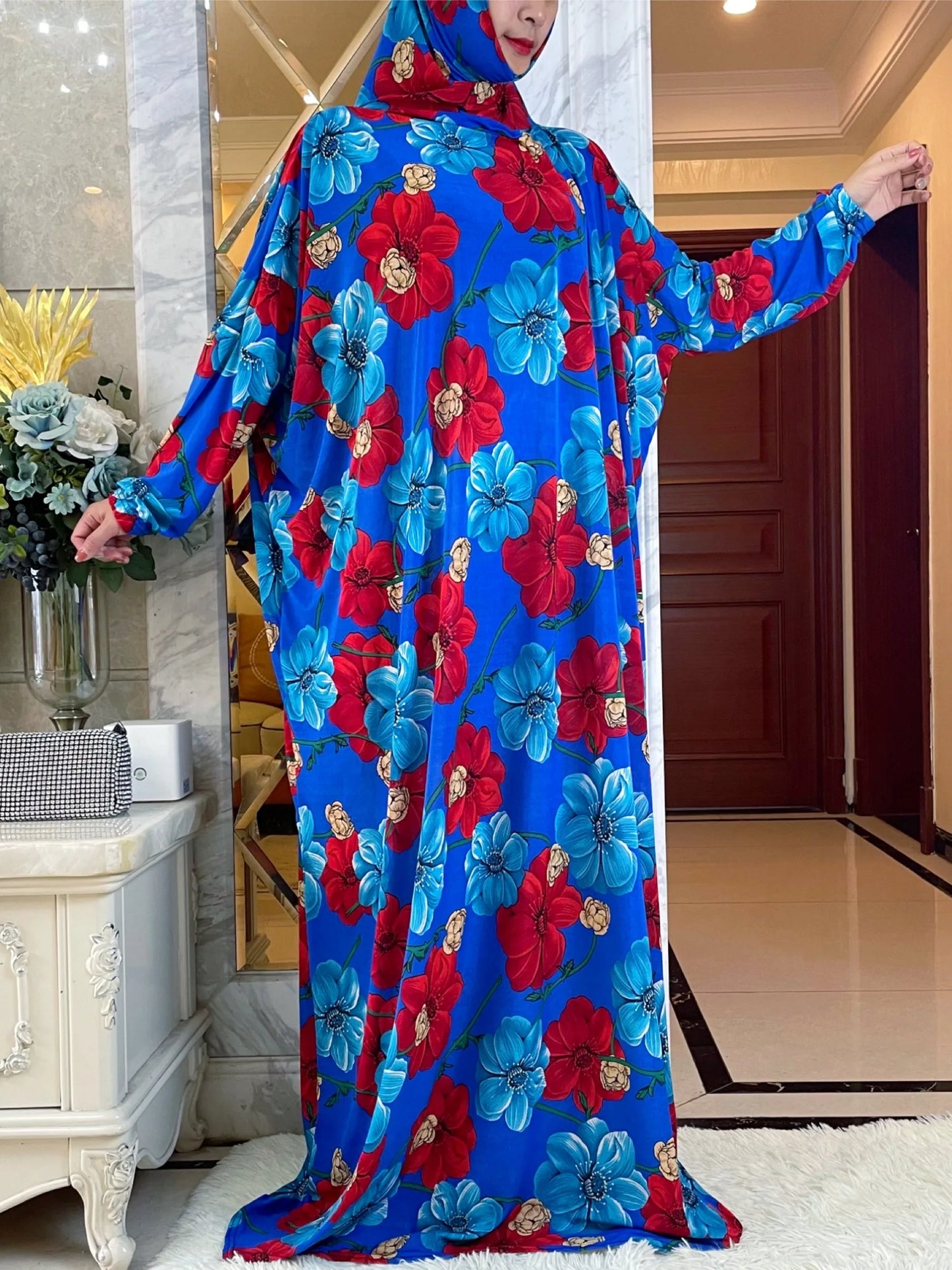 Maxy Muslim Women Hooded Turkey-African Prayer Garment Kaftan Dress With Hijab Floral Prints Dubai Saudi Robe Ramadan