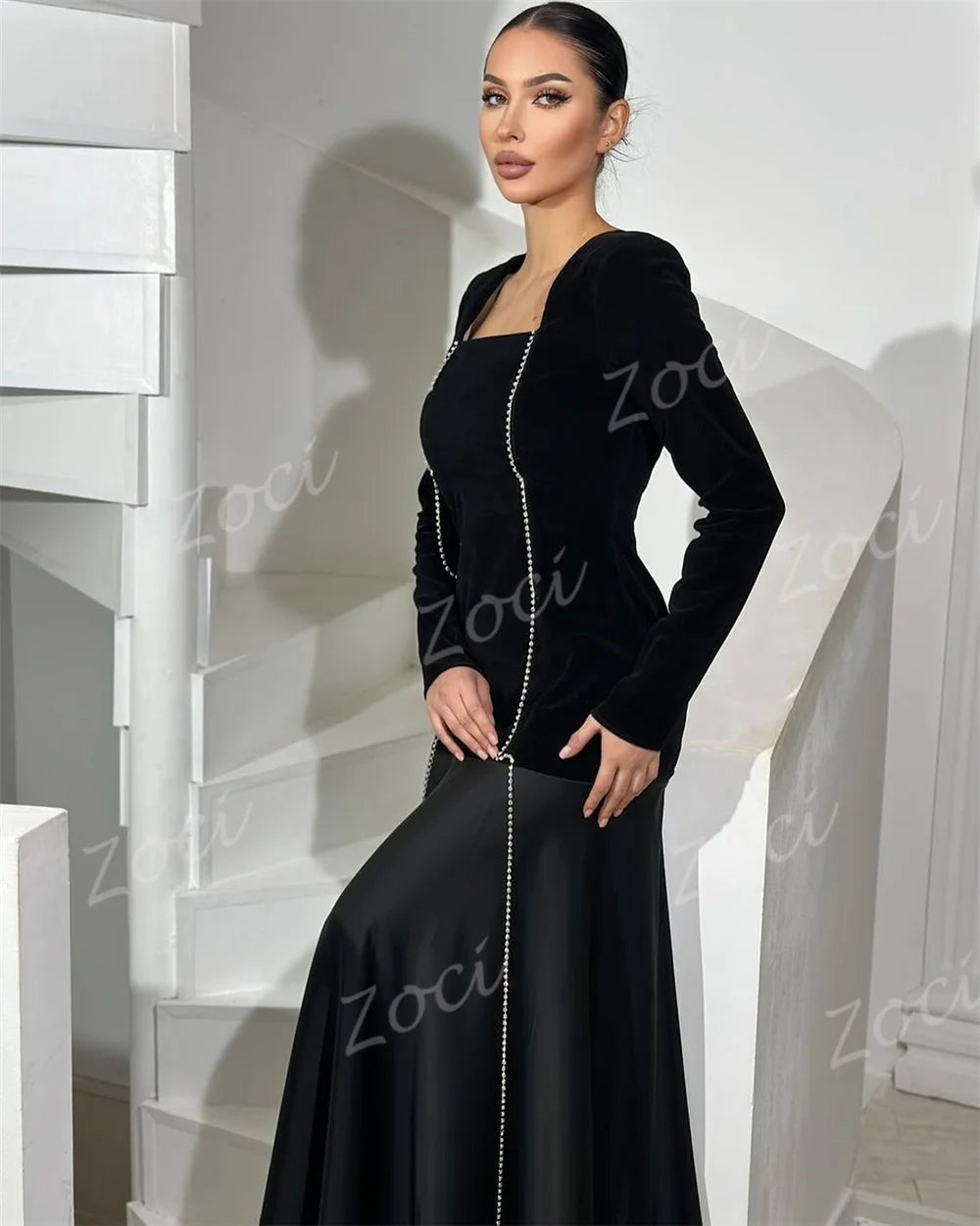 Maxy Square Neck Black Prom Dresses A Line Satin Beading Long Sleeve Evening Gown Saudi Customized Formal Party Occasion Dress