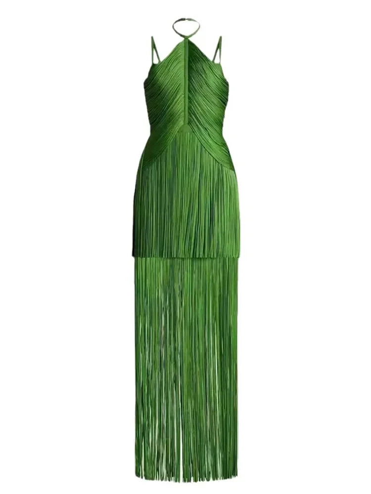 Babs Summer New Green Halter Spaghetti Strap Fringed Bandage Dress High Street Celebrity Evening Party Gowns Guest Looking