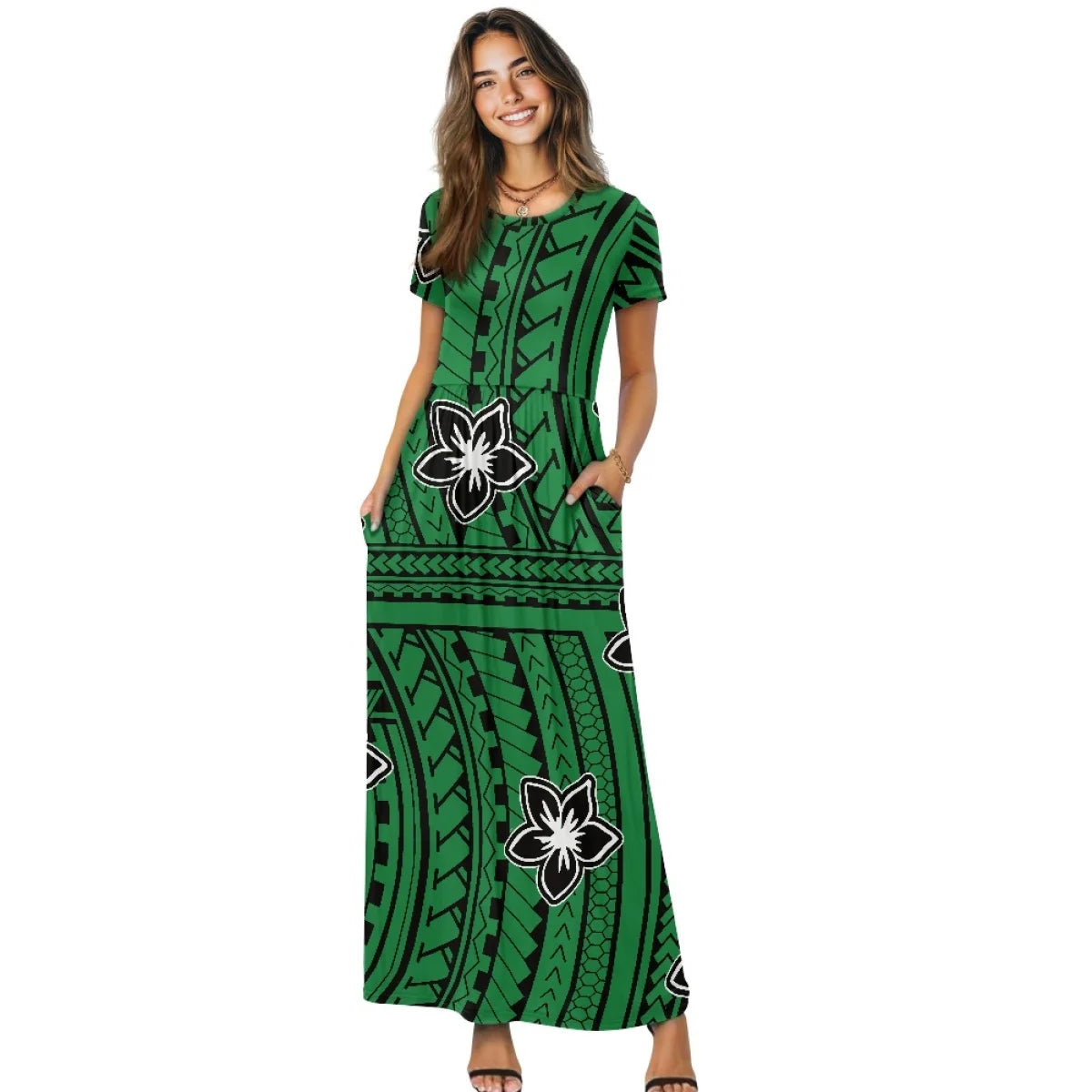 Maxy New Plumeria Style Short Sleeve Pleated Casual Dress Polynesian Loose Pocket Long Dress Women's Casual Comfortable